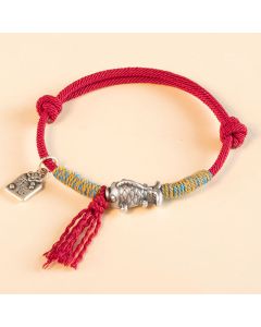Buddha Stones 999 Sterling Silver Red String Lucky Koi Fish Protection Bracelet - Red(Wrist Circumference 14-18cm)