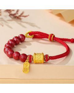 Buddha Stones 999 Sterling Silver Six True Words Om Mani Padme Hum Cinnabar Blessing String Bracelet - Cinnabar(Wrist Circumference: 14-25cm)