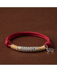 Buddha Stones 999 Sterling Silver Tibet Handmade Om Mani Padme Hum Fu Character TopRank Character Luck Braided Bracelet - Silver Om Mani Padme Hum / Red Rope(Wrist Circumference 15-19cm)