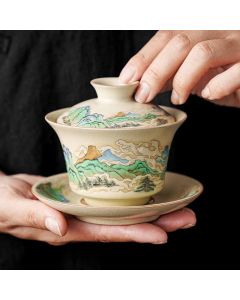 Buddha Stones A Panorama of Rivers and Mountains Flowers Ceramic Gaiwan Sancai Teacup Kung Fu Tea Cup And Saucer With Lid - 4PCS Flower(1PC 12cm*9cm*100ml&3PCS 6.5*4cm*40ml)