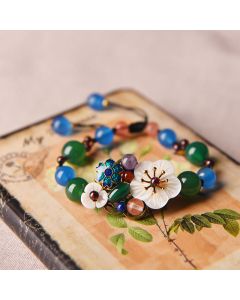 Buddha Stones Agate Shell Flower Support Bracelet - Green Agate&Blue Agate(Wrist Circumference: 5.5-7.9in)
