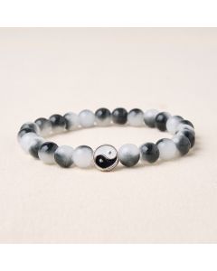 Buddha Stones Alloy Flat Bead and Glass Yin Yang Two-Tone Balance Bracelet - Yin Yang (Wrist Circumference: 5.9–6.3 in/15–16 cm)
