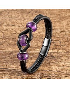Buddha Stones Amethyst Crystal Stone Double Leather Relieves Stress Round Bracelet - Red Agate / 18-22cm