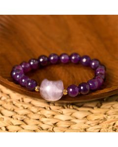 Buddha Stones Amethyst Green Aventurine Rose Quartz Fluorite Cat Head Balance Luck Bracelet - Fluorite(Wrist Circumference: 16-17cm)