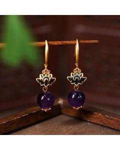 Buddha Stones Amethyst Lotus Enlightenment Drop Earrings - Lotus(Enlightenment ♥ New Beginnings) / Amethyst(Stress Relief ♥ Intuition)