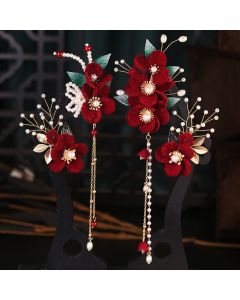 Buddha Stones Antiquity Red Flowers Pearl Tassel Hair Clip Set - Hair Clip Set