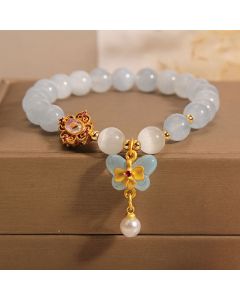 Buddha Stones Aquamarine Cat's Eye Healing Butterfly Pearl Charm Bracelet - Aquamarine(Wrist Circumference 14-16cm)