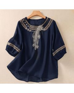 Buddha Stones Artistic Plain Floral Embroidered Design Crew Neck Puff Half Sleeve Women's T-Shirt - DarkGoldenrod / US6，UK/AU10，EU38 (XL)