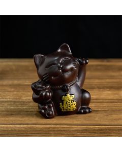 Buddha Stones Attract Wealth Lucky Cat Ebony Wood Carved Blessing Decoration - Ebony / 20cm(Color& Size May Vary)