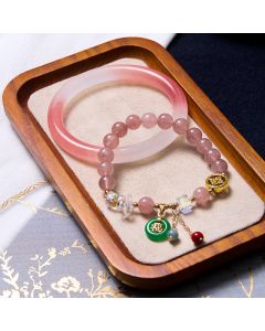 Buddha Stones Attracting Love and Protection Pink Bracelet Bangle Bundle - Strawberry Quartz Bracelet&Pink Golden Silk Jade 62-64mm