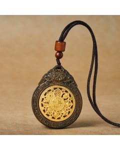 Buddha Stones Auspicious Beast Sappanwood Hand Carved Fu Character Blessing Pendant Necklace - Auspicious Beast