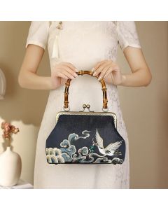 Buddha Stones Auspicious Clouds Cranes Embroidery Bamboo Handle Handbag Crossbody Bag - Auspicious Clouds Cranes Yellow 24*8.5*16.5cm