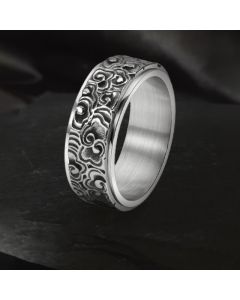 Buddha Stones Auspicious Clouds Pattern Carved Titanium Steel Balance Rotatable Ring - Gold / US7