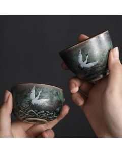 Buddha Stones Auspicious Crane Ceramic Teacup Kung Fu Tea Cup Bowl - 6.2cm*4.8cm*70ml
