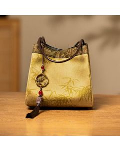 Buddha Stones Bamboo Branches Bead Pendant Tassel Xiangyunsha Silk Shoulder Bag Hangbags - Yellow Cracking 16*16*16cm