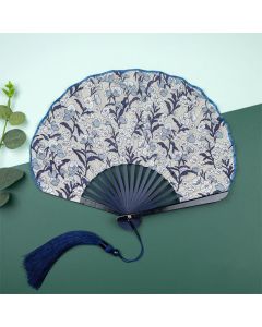 Buddha Stones Bamboo Floral Fruit Print Tassel Folding Fan - Blue Maple Leaves(Complimentary Tassel)