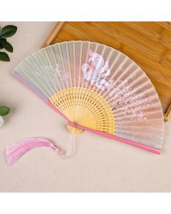Buddha Stones Bamboo Fox Deer Forest Tassel Folding Fan - Pink Fox(Complimentary Tassel)