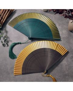 Buddha Stones Bamboo Frame Cotton Linen Gradient Tassel Folding Fan - Gradient Folding Fan - Pink