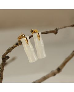 Buddha Stones Bamboo Hetian Jade 925 Sterling Silver Leaf Wealth Earrings - Hetian Jade Matte(925 Sterling Silver Posts) / Short Bamboo Leaves