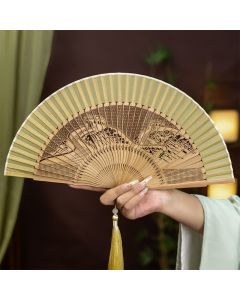 Buddha Stones Bamboo Hollow-Carved Famous Spots Landscapes Animals Tassel Folding Fan - The Great Wall Pattern(Complimentary Tassel)