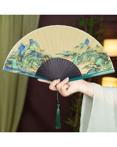Buddha Stones Bamboo Landscape Ink Painting Folding Fan - Distributed On Both Sides