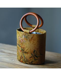 Buddha Stones Bamboo Leaf Butterfly Cherry Blossom Persimmon Wood Handle Handbag - Garden Party 16*17*12cm