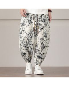 Buddha Stones Bamboo Leaf Pattern Drawstring Men's Harem Pants With Pockets - Black / US/UK/AU46，EU56 (5XL)