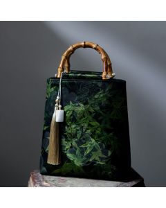 Buddha Stones Bamboo Leaves Butterfly Koi Fish Bamboo Handles Handbag - Yellow-Green Bamboo 23*25*8.5cm