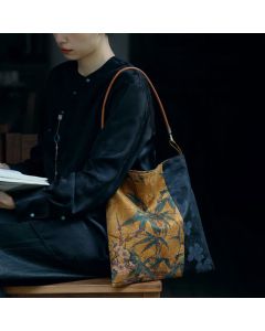 Buddha Stones Bamboo Leaves Flower Butterfly Persimmon Shoulder Bag Handbag - Gold Bamboo Leaves 33*33cm