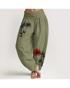 Buddha Stones Bamboo Leaves Red Sun Pattern Women's Elastic Waist Harem Pure Cotton Pants - Tan / US16，UK/AU20，EU48 (3XL)