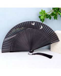 Buddha Stones Bamboo Mountain Crane Graceful Folding Fan - Black Handle Mountain