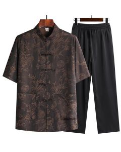 Buddha Stones Bamboo Peach Blossom Tang Suit Hanfu Traditional Uniform Short Sleeve Top Pants Clothing Men's Set - Black(Top&Pants) / US/UK/AU34，EU44 (M)