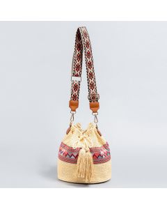 Buddha Stones Beach Geometry Straw Woven Bucket Tassels Crossbody Bag Shoulder Bag - Black 22*19*22cm