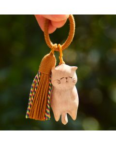 Buddha Stones Beech Wood Cat Peace Tassel Bag Charm Keychains - Yellow Cord Lying Cat Charm / Beech Wood (Clarity ♥ Grounding Energy)