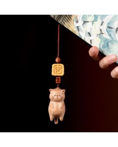 Buddha Stones Beech Wood Hand Carved Lucky Cat Phone Hanging Decoration - Beech Wood (Clarity ♥ Grounding Energy)