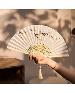 Buddha Stones Beige Magnolia Floral Elegant Bamboo Folding Fan 21 cm - Magnolia (Closed Size: Approx. 21 cm / 8.3 in)