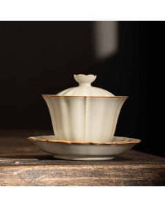 Buddha Stones Beige Plum Blossom Shape Peach Branch Ceramic Gaiwan Sancai Teacup Kung Fu Tea Cup With Lid - Beige Cup Bowl 8.4cm*7.2cm*100ml
