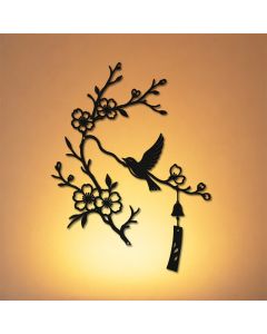 Buddha Stones Bird and Blossom Branch Iron Meaningful Symbols Wall Art - Black / Approx. 19.07cm x 25cm x 0.1cm / 7.51in x 9.84in x 0.04in
