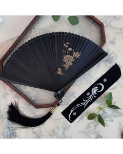 Buddha Stones Black Bamboo Koi Fish Lotus Osmanthus Swallows Dragonfly Pattern Folding Fan - Dew on the Lotus Pond(Closed Size: Approx. 18 cm/7.1 in) / Decorative Fan
