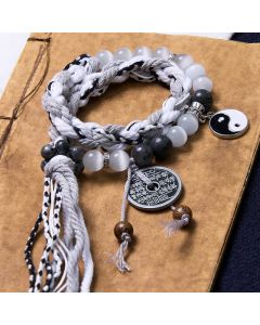 Buddha Stones Black Glitter Stone Cat's Eye Yin Yang Mountain Ghosts Spend Money Power Double Layer Rope Bracelet - Black Glitter Stone(Wrist Circumference 14-18cm)