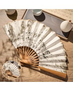 Buddha Stones Black Gold Lacquer Floating Pattern Ink Bamboo Paper Folding Fan - 10-Inch Folding Fan Black Gold / Closed Size: Approx. 33 cm /13.0 in