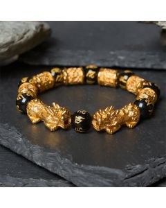 Buddha Stones Black Gold Pi Xiu Om Mani Padme Hum Wealth Round Bead Bracelet - Pi Xiu Bracelet (Wrist Circumference: 6.7–7.1 in/17–18 cm)
