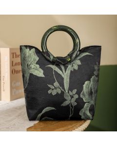 Buddha Stones Black Green Orchids Print Vintage Handbag - Green Orchids 20*8.5*23cm