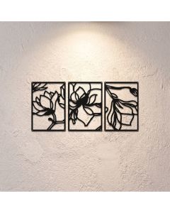 Buddha Stones Black Metal Lotus Enlightenment Triptych Iron Metal Meaningful Symbols Wall Art - Approx. 17.25cm x 25cm x 0.1cm / 6.79in x 9.84in x 0.04in