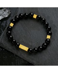 Buddha Stones Black Obsidian 925 Sterling Silver Fu Character Cube Strength Bracelet - Black Obsidian Silver(Wrist Circumference: 17-19cm)