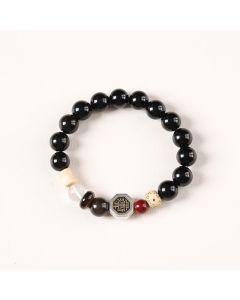 Buddha Stones Black Obsidian Bagua Protection Tibetan Round Bead Bracelet - Ice Obsidian(Purification ♥ Grounding)