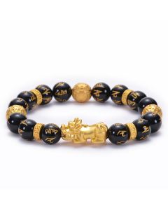 Buddha Stones Black Obsidian Black Onyx Alloy PiXiu Om Mani Padme Hum Strength Bracelet - Black Onyx Golden Alloy Beads PiXiu(Circumference: 16.7-21.6cm)