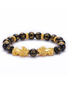 Buddha Stones Black Obsidian Black Onyx Golden Alloy Two PiXiu Om Mani Padme Hum Strength Bracelet - Black Onyx Alloy Golden PiXiu(Circumference: 16.7-21.6cm)
