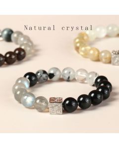 Buddha Stones Black Obsidian Black Rutilated Quartz Moonstone Cube Strength Bracelet - Smoky Quartz Eagle Eye Stone Grey Moonstone Green Phantom(Wrist Circumference: 14-16cm)