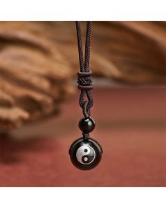 Buddha Stones Black Obsidian Carved Purification Yin Yang Necklace Pendant - Yin Yang Silver-foiled Pattern / 26.8 in / 68 cm